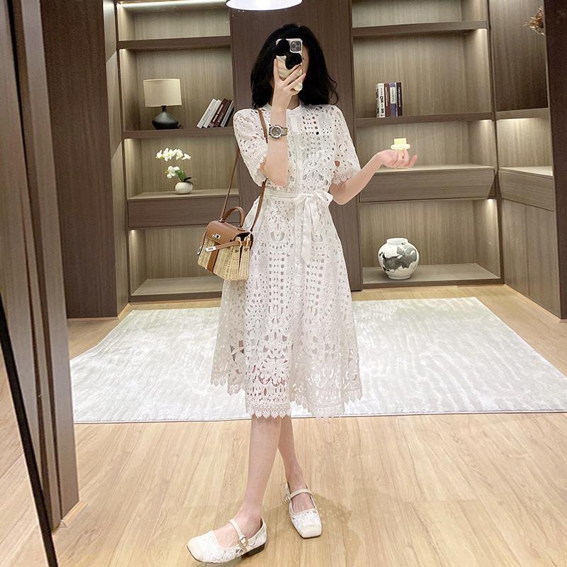 Summer French niche light mature wind hollow white dress single-breasted medium and long dress