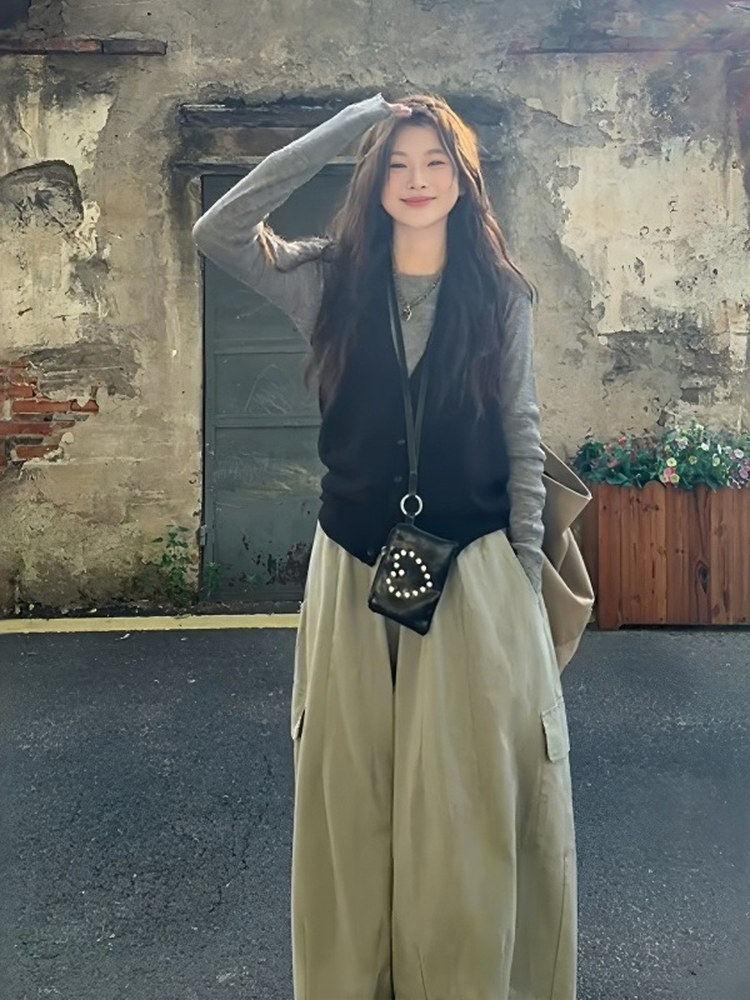 Plus Size Retro Three-Piece Set: Long-Sleeve Top, Vest, and Wide-Leg Pants