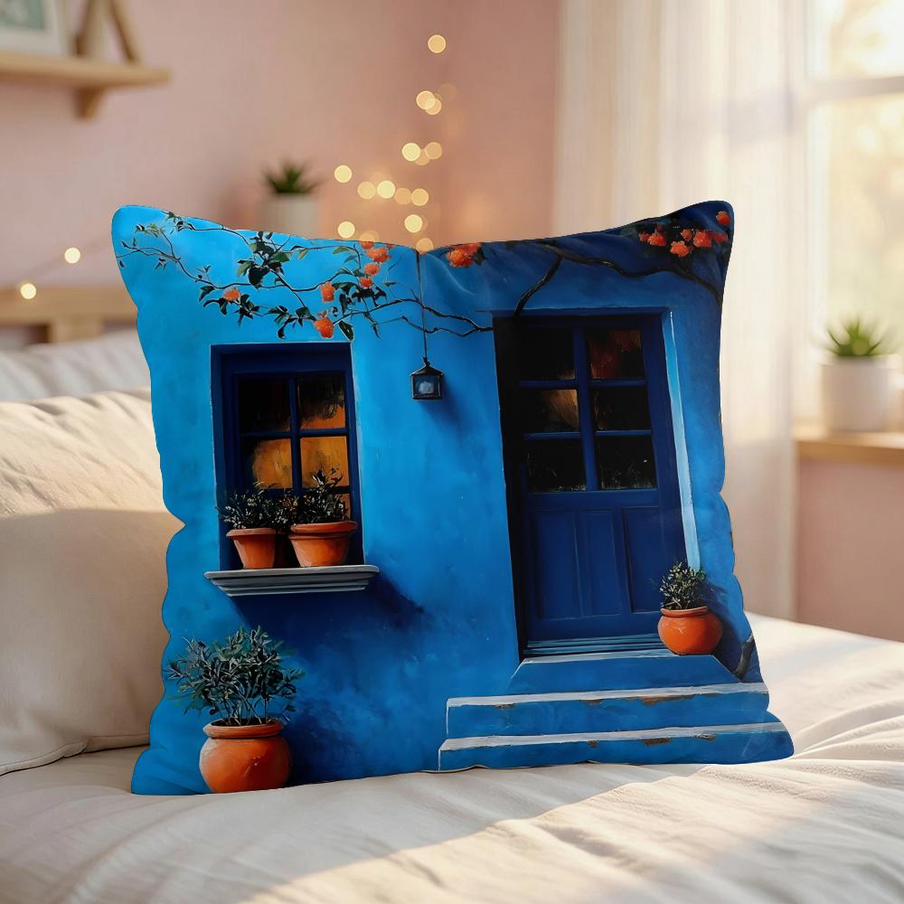 Village Door Window Oil Art Cushion Cover Silky Short Plush Invisible Zipper Dustproof Sofa Pillow Case For Home Decor