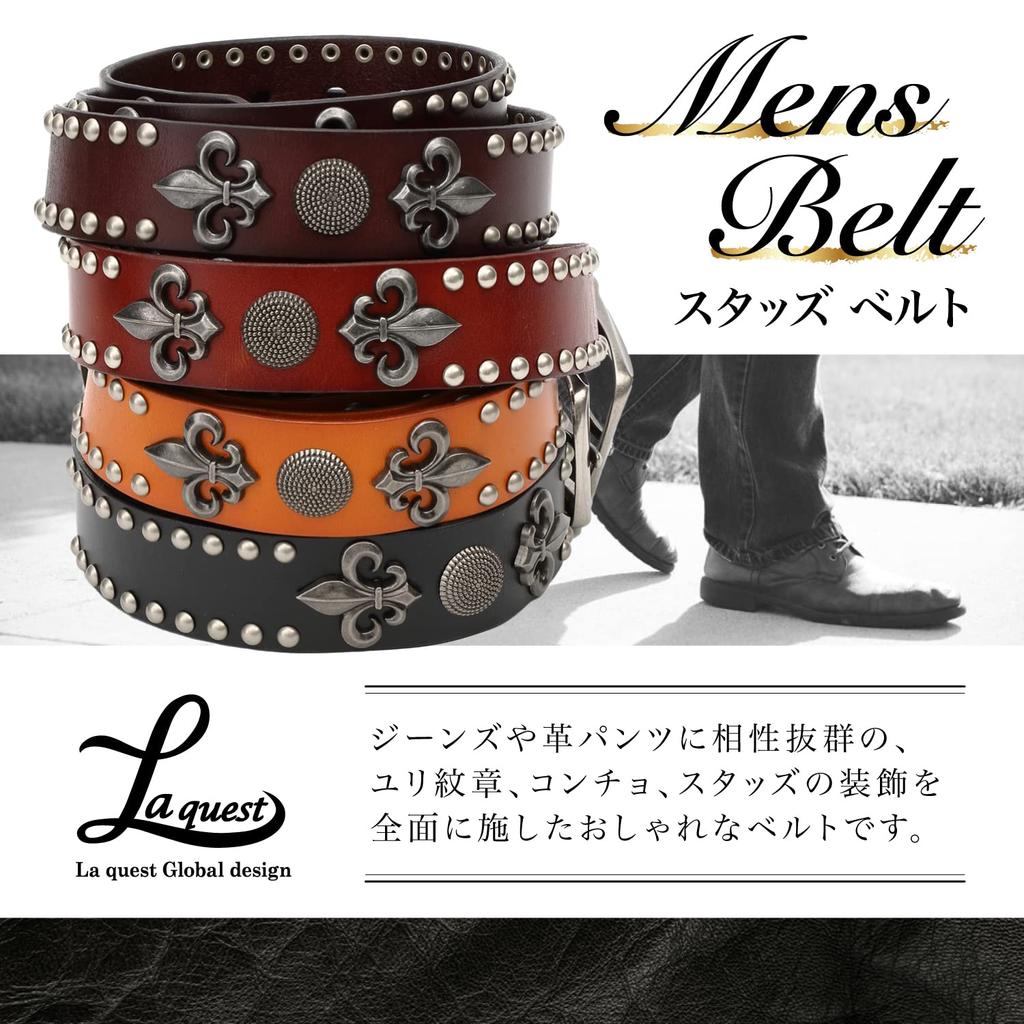 Laquest Leather Studded Belt with Antique Concho and Lily Crest Relief Men's (Black)