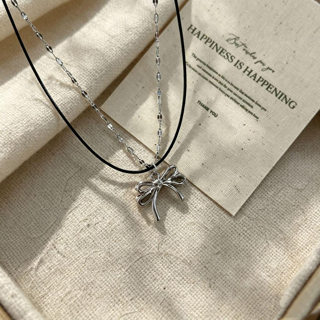 Double Layer Black Rope Bow Tie Glitter Titanium Steel Clavicle Necklace for Women - Sweet, Cool Style Choker Accessory.