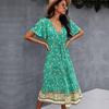 Bohemian Print Women Dress V Neck Short Sleeve High Waist Spring Summer S-XL