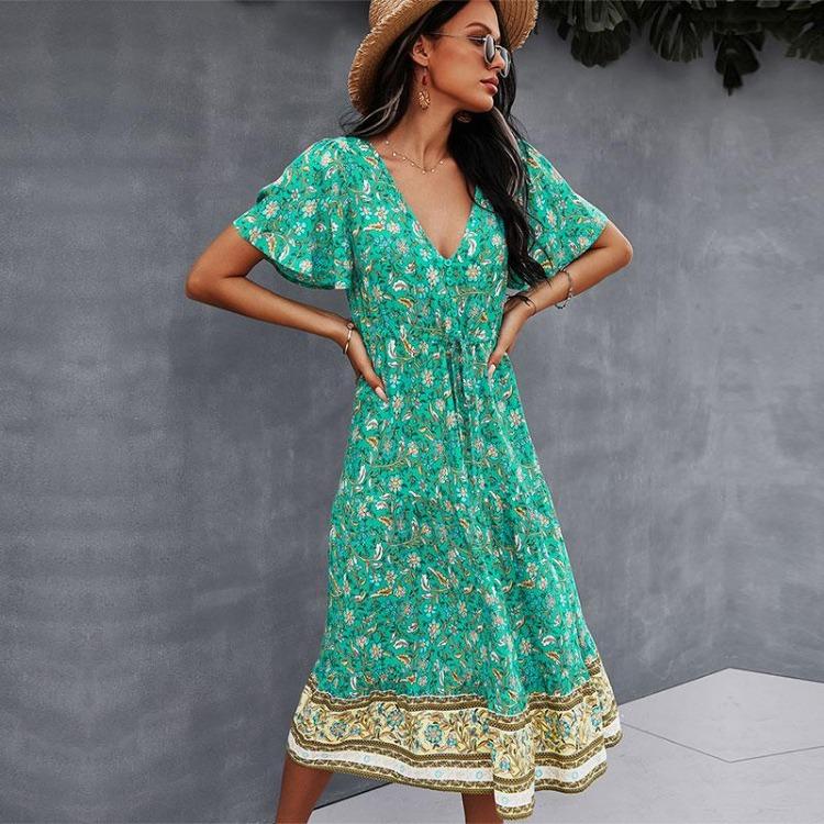 Bohemian Print Women Dress V Neck Short Sleeve High Waist Spring Summer S-XL