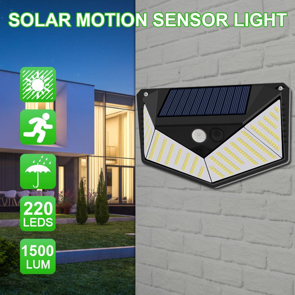 220LED Outdoor Solar Lights Waterproof Motion Sensor Wall Lamp 3 Lighting Modes Solar Powered Street Light for Yard Garden Decor