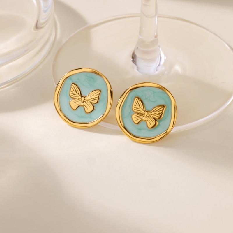 Vintage Macaron Drip Butterfly Stud Earrings Women's Niche Temperament Stainless Steel K Gold Plated Earrings