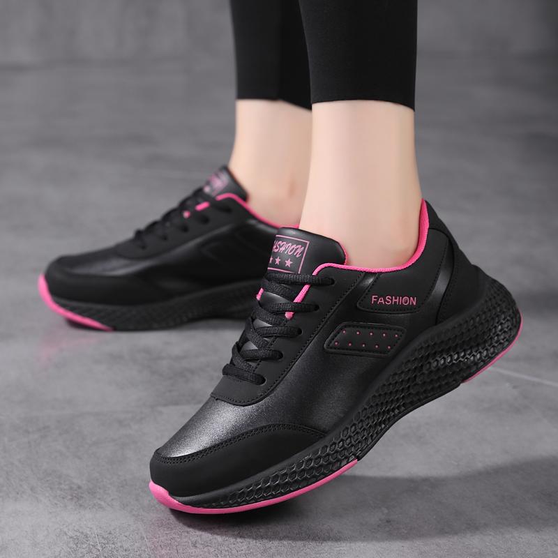 Running Shoes for Women Black Sneakers PU Leather Comfortable Height Increasing Chunky Shoes Breathable Leisure Shoes Big Size