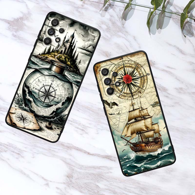 Vintage compass illustration Case For Samsung A41 A35 A34 A33 A32 A25 A24 A23 A21s A06 A05 A04 A03 Note 10 20 Ultra 5G Black