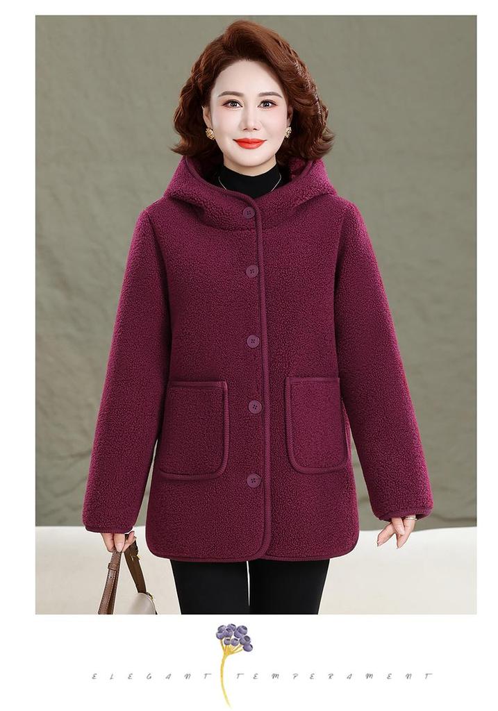 Mom's Fashionable Winter Hooded Fleece Lined Cotton Jacket for Middle-Aged & Elderly Women
