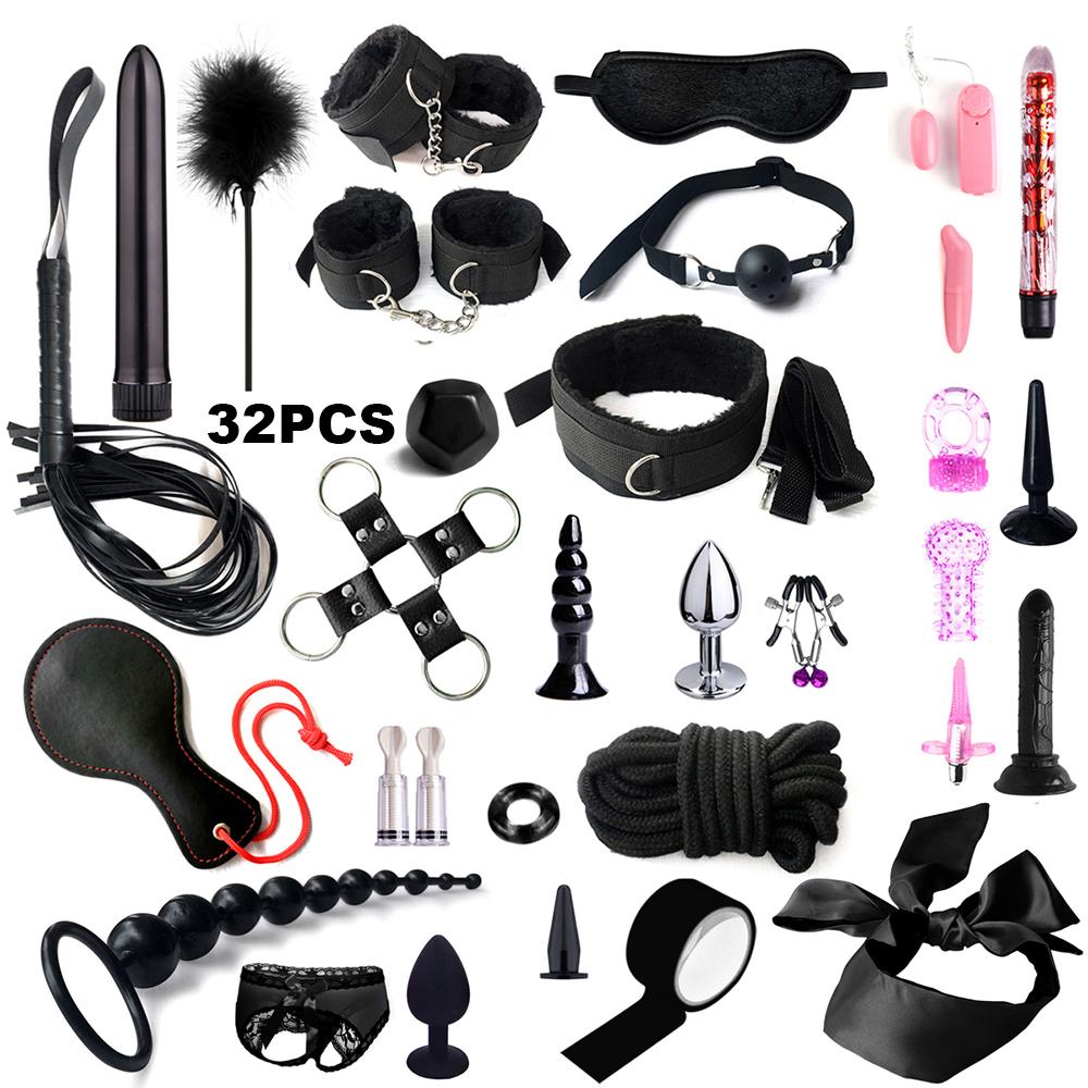 Fetish BDSM Kit Set Sex Toy Handcuffs for Woman Adult Supplies Handcuffs Whip Anal Plug Vibrator Bondage Rope Sexual Sexy Game