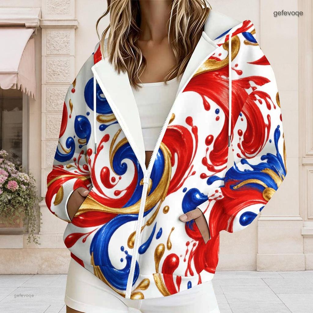 Women Plus Size Zip Up Drawstring Hoodie Long Sleeve Colorful Paint Splash Print With Pockets