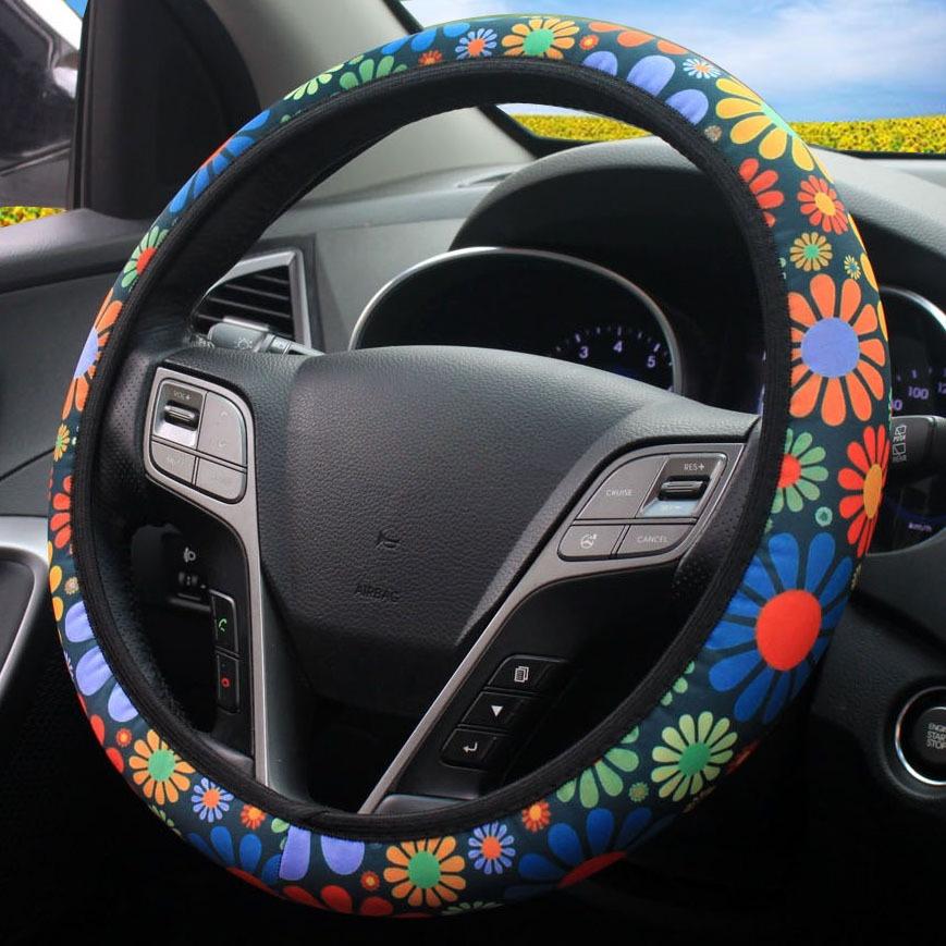 Colorful Sunflowers Car Steering Wheel Cover Elastic Band Water Washed Cloth Handle Car Steering Wheels & Accessories