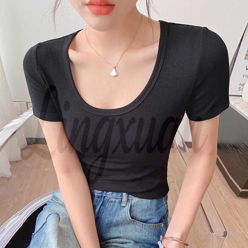 

2026 Spring Women s Slim Fit Pure Cotton Round Neck Solid Color Short Sleeve T-shirt Small чёрный