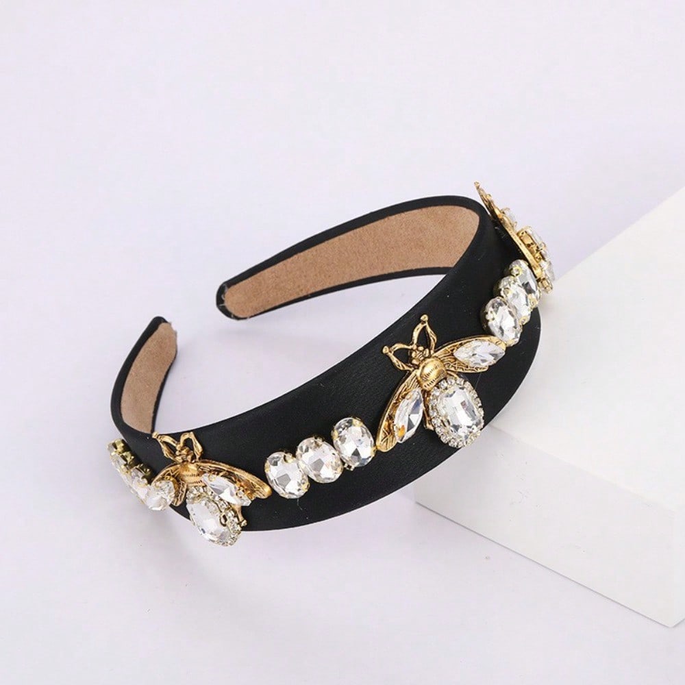 Color Crystal Bee Headband Fabric Wide Edge Headband Retro Rhinestone Hair Accessories