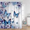 Floral Blue Butterfly Shower Curtain Purple Flowers Butterflies Plant Polyester Fabric Bathroom Decor Bath Curtains with Hooks