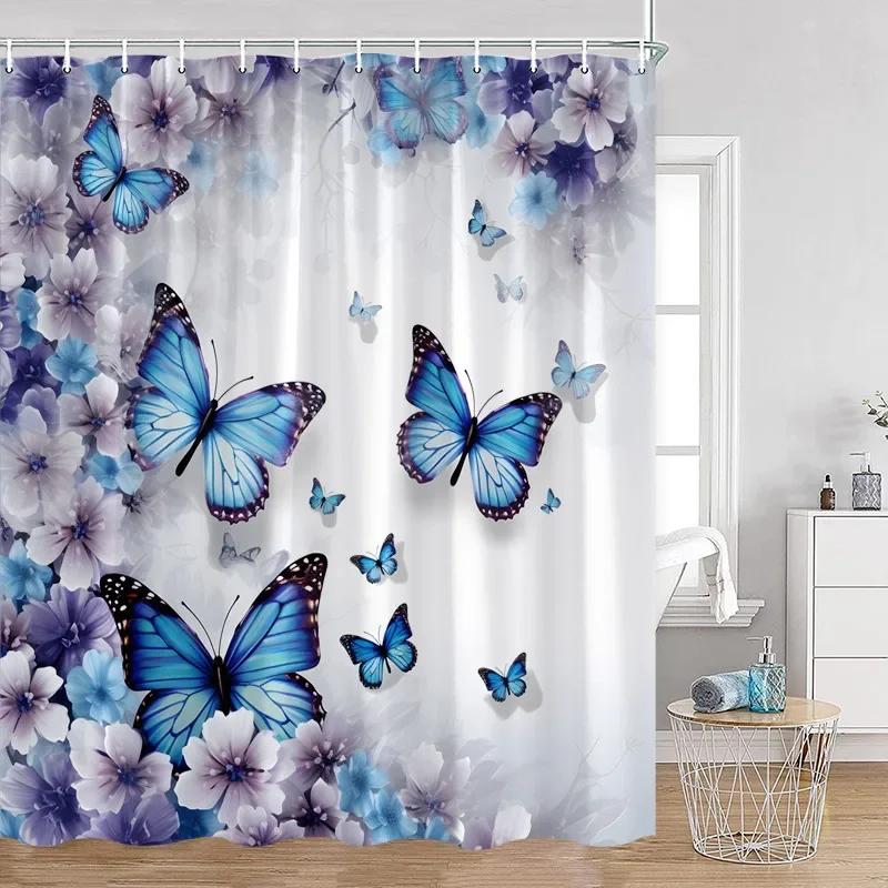 Monika Chen Blue/Purple Floral Butterfly Shower Curtain Flowers Butterflies Plant Polyester Fabric Bathroom Decor Bath Curtains With Hooks