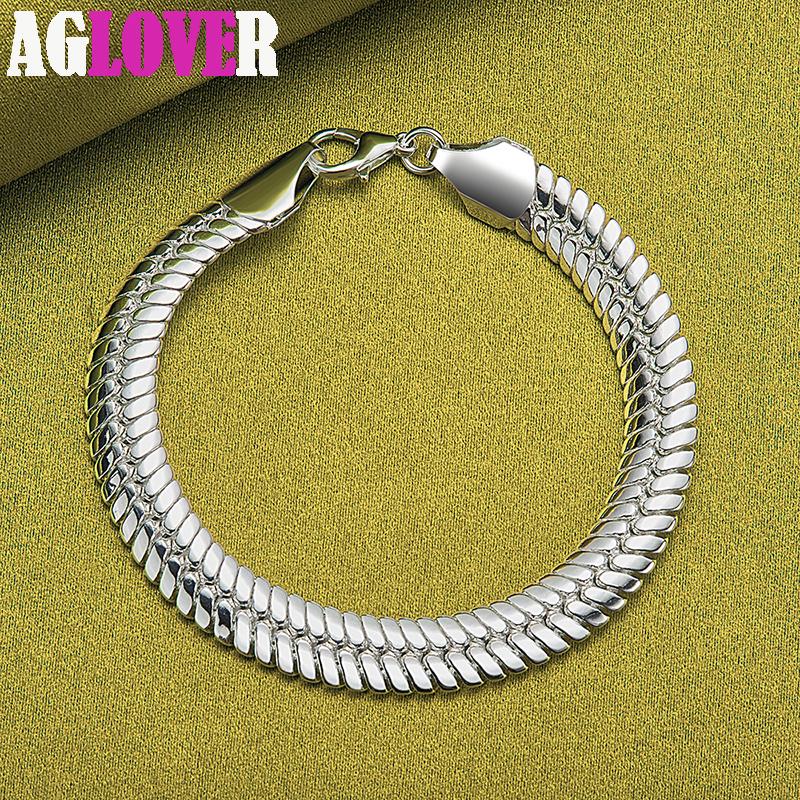 925 Sterling Silver 10mm Side Flat Chain Bracelet Jewelry
