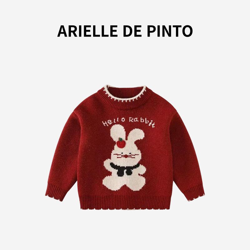 French Arielle De Pinto Girls  Knitwear Autumn and Winter Style Versatile Cute Little Rabbit Plush Sweater Red 130