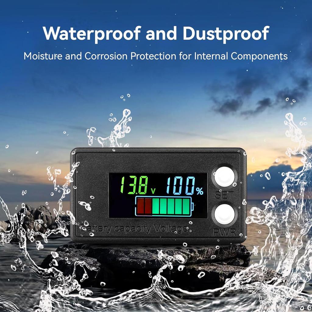 DROK Waterproof Battery Monitor 12V 24V 36V 48V 72V Battery Meter 8-100V, Battery Capacity Tester LCD Display Color Screen Backlight, Fit for Car