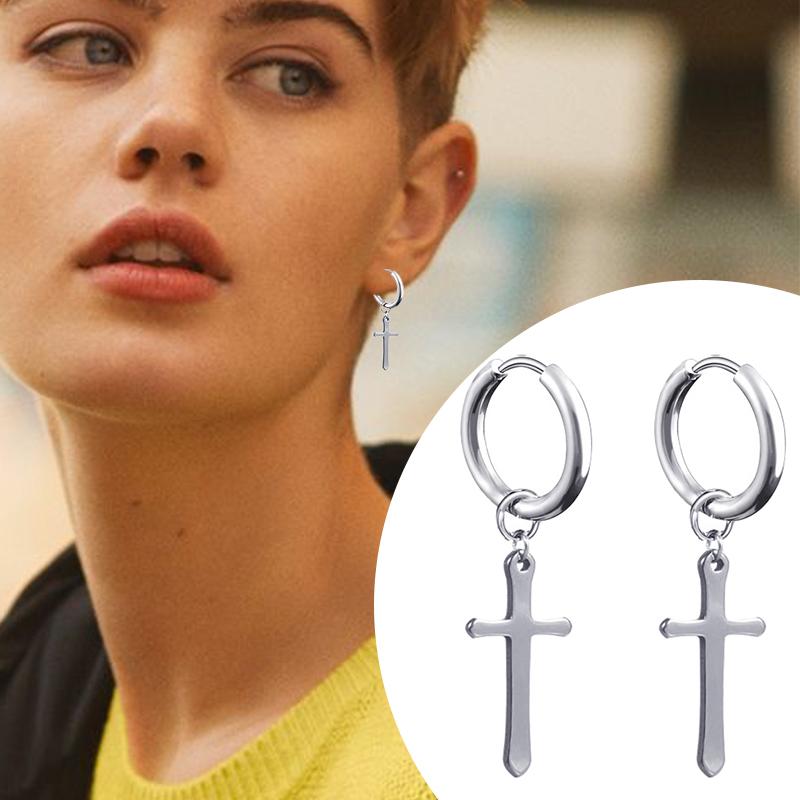 2PC Punk Stainless Steel Small Hoop Earrings for Men and Women Gothic Cross Ear Ring Pop Hip Hop Piercing Ear Studs Zircon
