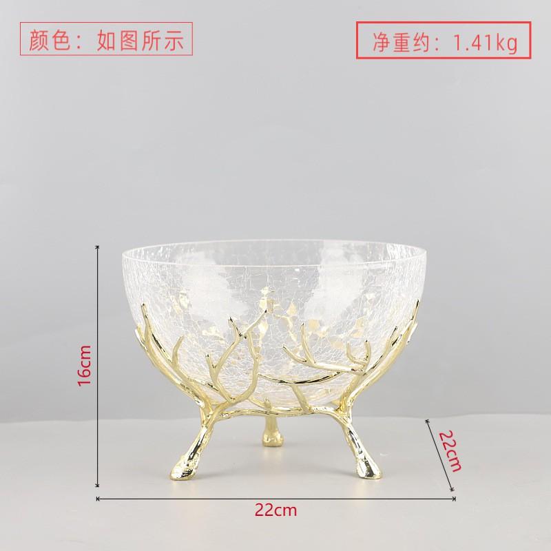 Modern Glass Fruit Bowl With Metal Tray Ice Crack Minimalist Dining Table Decor Restaurant Hotel Airbnb