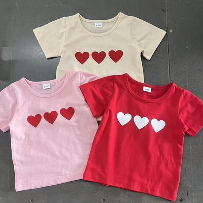 Girls' Toddler Heart Print Round Neck Short Sleeve T-Shirt, Casual Knitted Summer Top