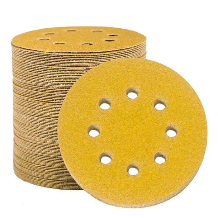 Disques de Ponçage Papier Abrasifs 125mm, 100 Disques Abrasifs de Ponçage Ponceuse tampons ponçage ronds 8 trous Grain 80