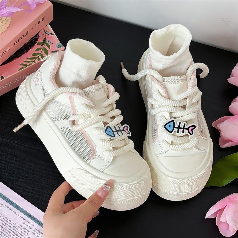 Thick-soled transparent net little white shoes women's 205 summer new niche vacation wind big head board shoes