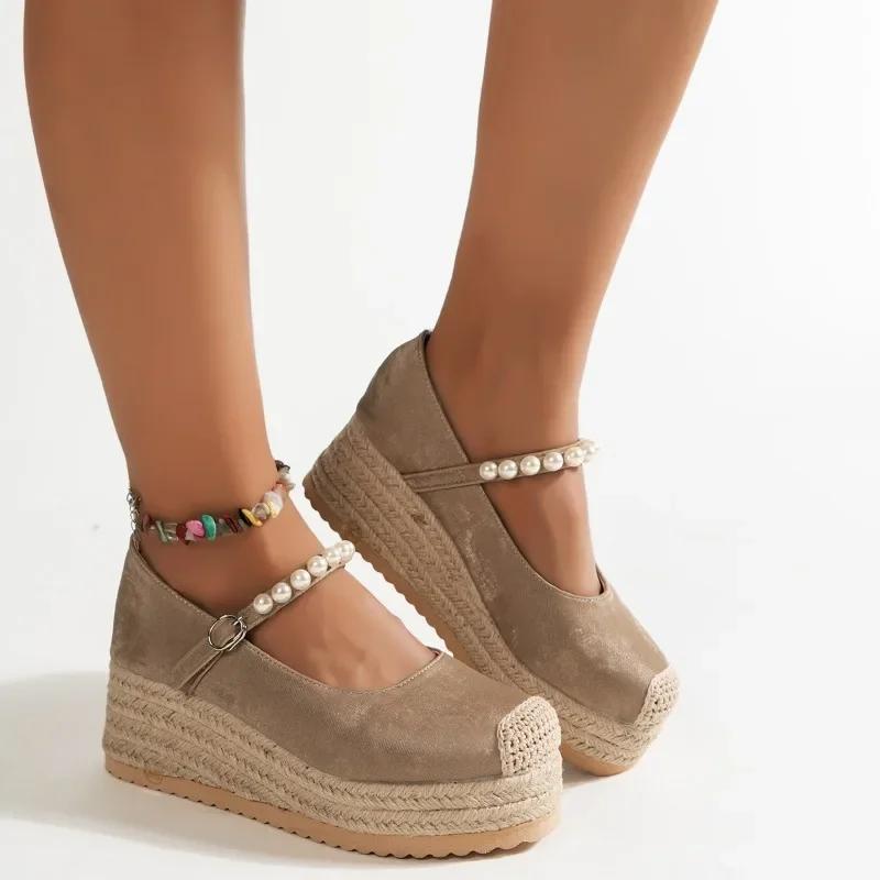 

Мода 2024 года, новые туфли, женские туфли-лодочки с пряжкой, осенние туфли с круглым носком, бусины, однотонная платформа, повседневные, удобные, неглубокие, для офиса, женские туфли 40 абрикосовый