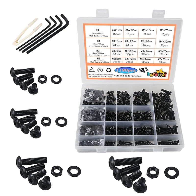 1180pcs Metric Nuts and Bolts Washers Assorted Set M2 M3 M4 M5 Black Hex Socket Head Cap Screws Bolts and Nuts Kit Thread Machine Hex Bolt Set