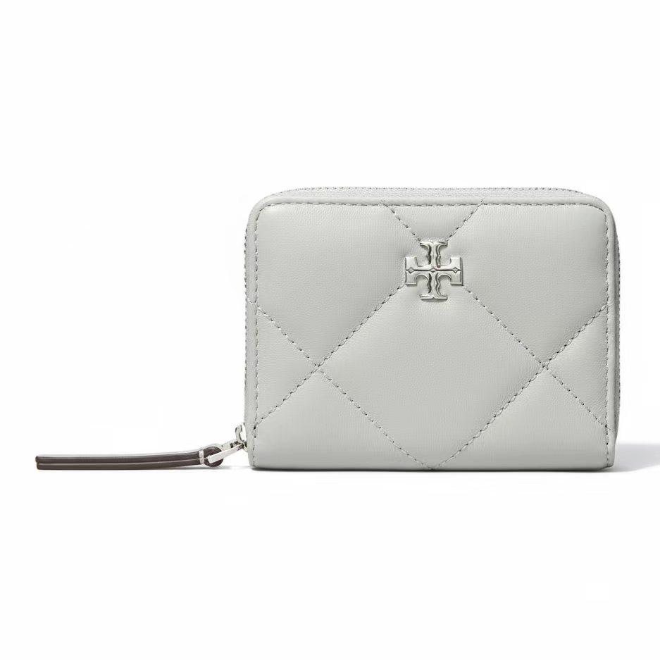 Tory Burch Kira Diamond Quilted Zipper Soft Double T Hardware Leather Wallet Small Women Wallet Light-Titanium 159791-021 Basic Set (Bag+Dust Bag)