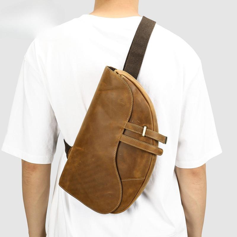 Men's Chest Bag, Retro Crazy Horse Leather, High-end Small Crossbody Bag, Clasp Design, Fashionable Single-shoulder Bag
