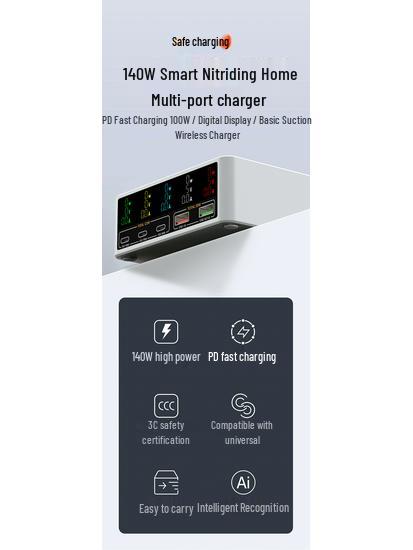 140W Multi-Port Charger with 100W PD Fast Charging, Digital Display, and Magnetic Wireless Charging Dock