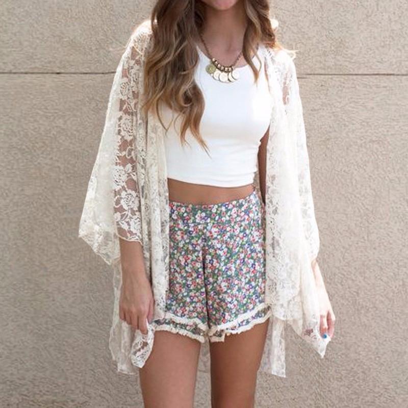 ZANZEA Womens Summer See-Through Lace Cardigan Cover Up Blouse
