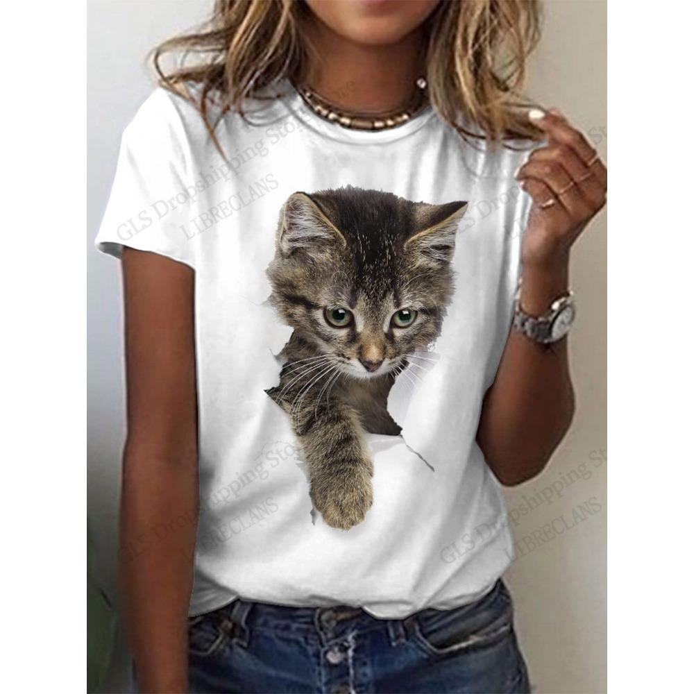 T-Shirt Cartoon Süßes Tier Katze Hübsch 3D-Druck T-Shirt Damen Mode Kurzarm Lässige Tops T-Shirts Damenbekleidung