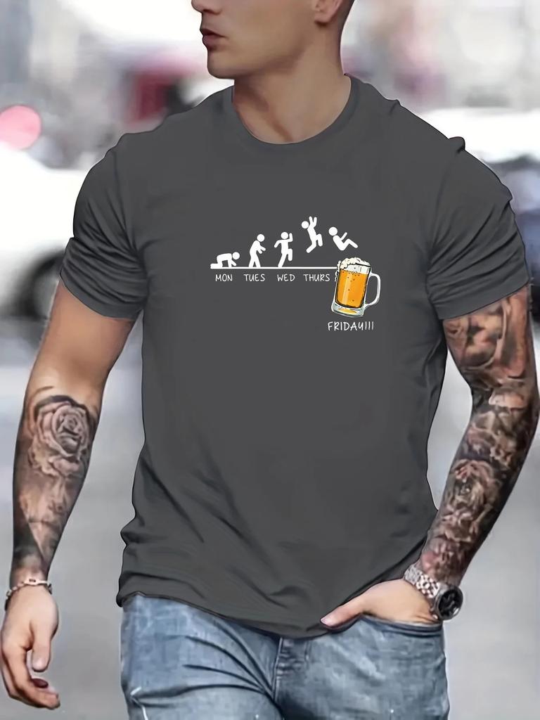 Summer Men's 100% Cotton Casual Loose Size Jumping In Beer Print Round Neck Short Sleeved T-shirt Top