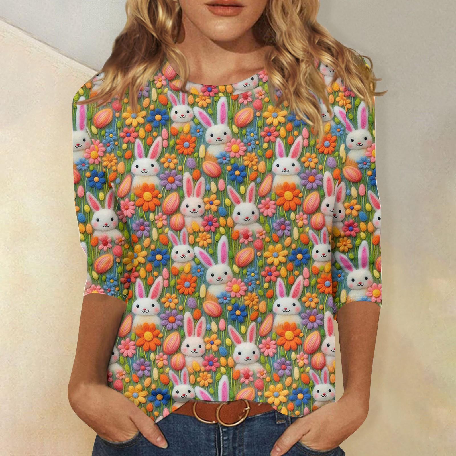 

Женская модная повседневная футболка с круглым вырезом и семью рукавами и пасхальным принтом M оранжевый