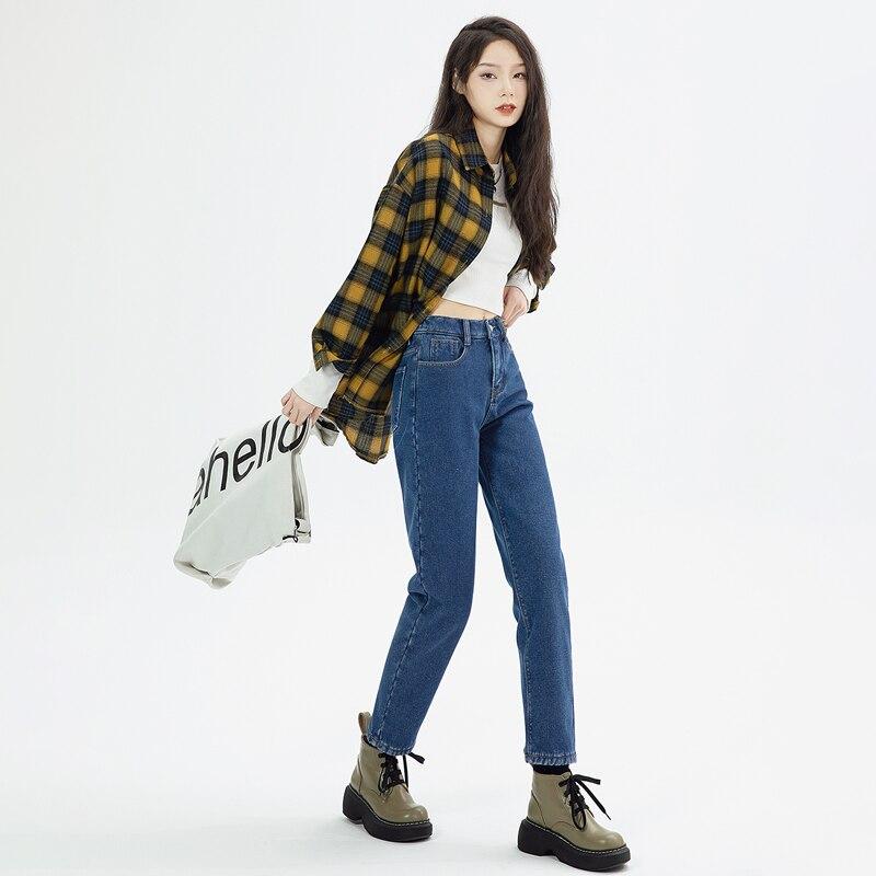 New Jeans Woman High Waist Warm Plush Elastic Denim Pants Jeans for Women Retro Streetwear Washed Baggy Leisure Straight Pants
