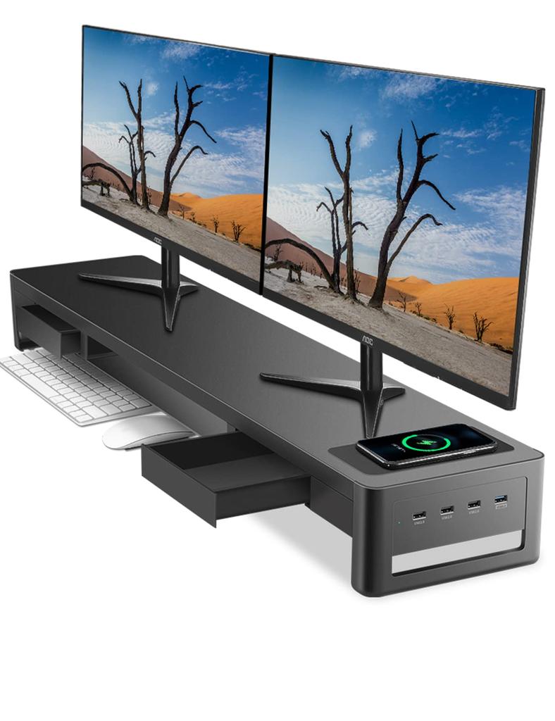 Meatanty Dual Monitor Stand with PC Monitor Computer Display USB Data Steel Charging 100cm Wide Drawer, Stand, Stand, Stand, 3.0/2.0, Transfer,