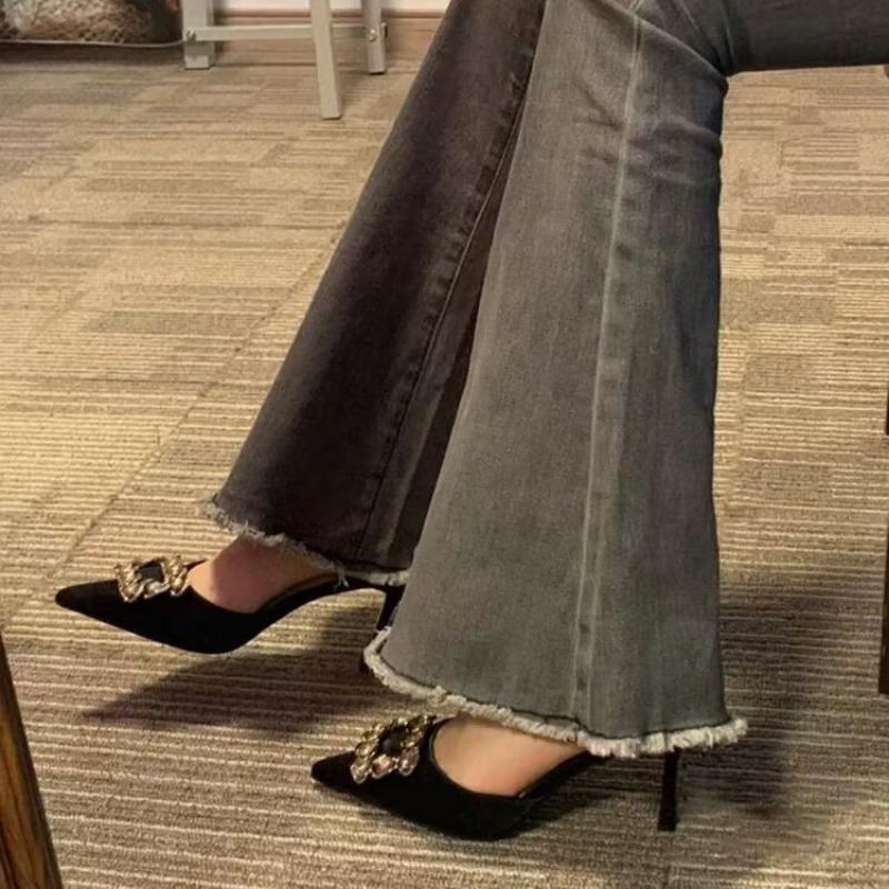 Fashion Women's Fall New Thin Heel Shoes Fashion Pointed Head Shallow Mouth Crystal Buckle Non-slip High Heels