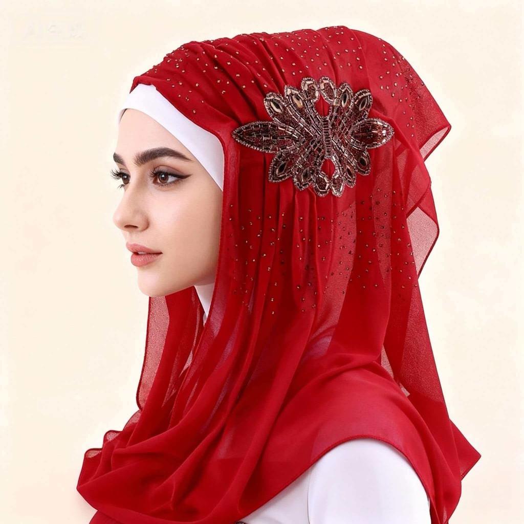 Luxury Rhinestone Chiffon Hijab Scarf Women Muslim Crystal Diamond Headscarf White Wedding Shawl Embroidered Beaded Turban Wrap