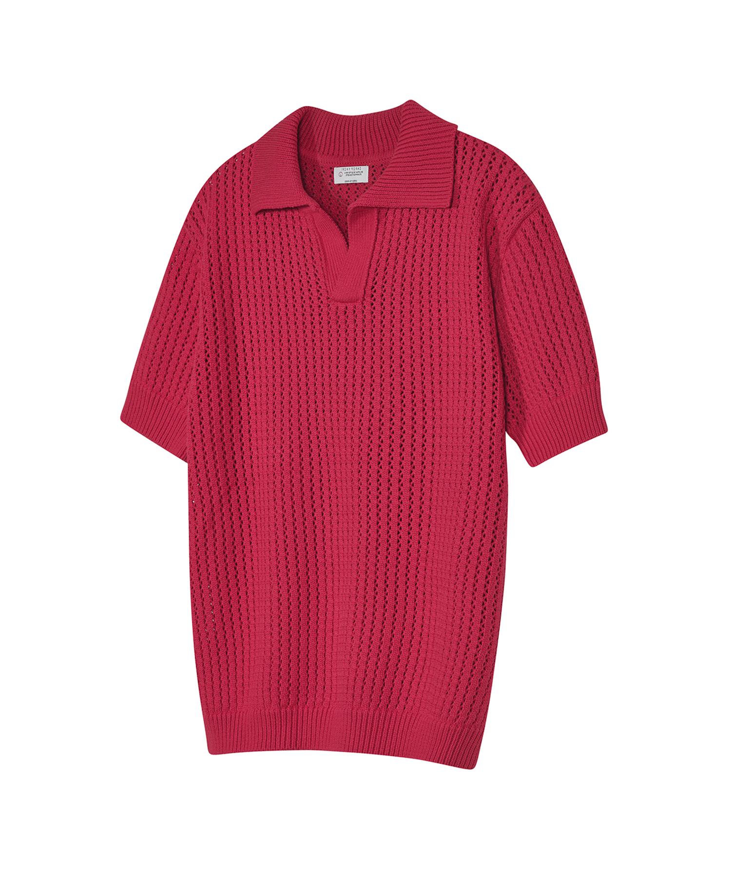86-Iro315 [Washable] Punched Open Collar Neck Knit Magenta Black/M