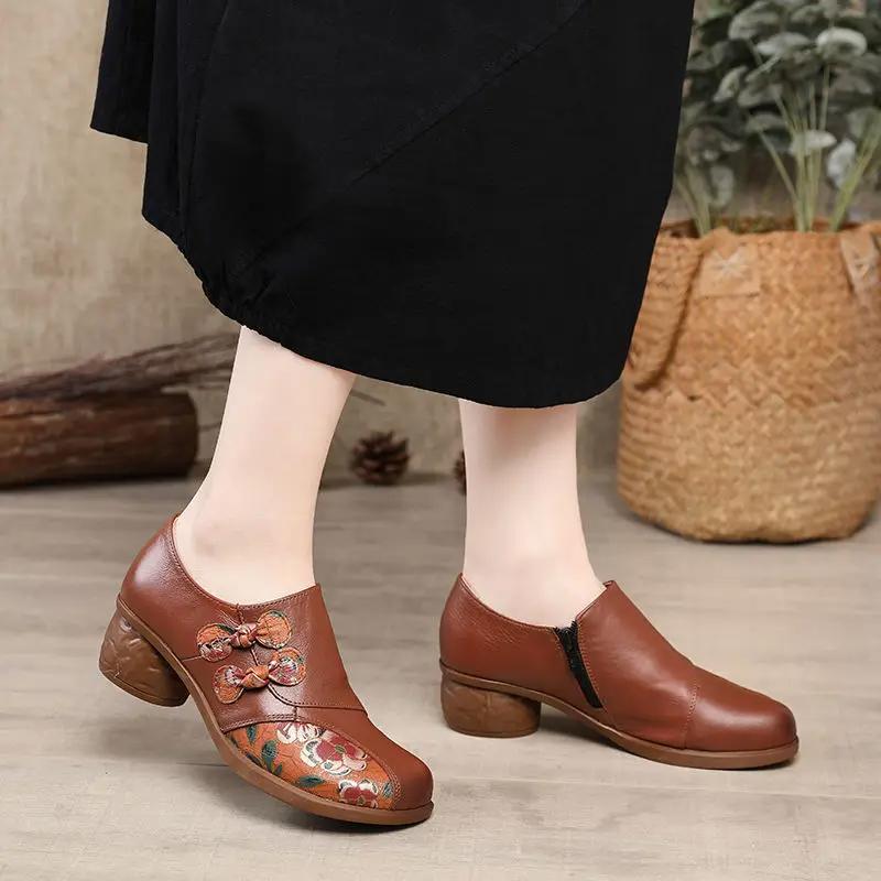 Mode Bequem Retro Floral Niedrige Absätze Klassische Pumps Damen Vintage Echte Lederschuhe Damen Handgefertigt Böhmische Pumps Schuhe Schwarze Absätze