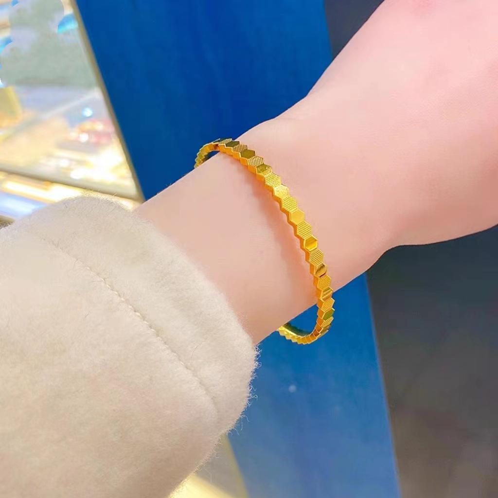 Women's Sand Gold Honeycomb Bracelet & Love Nest Ring, Copper-Plated 5G Imitation Gold Jewelry