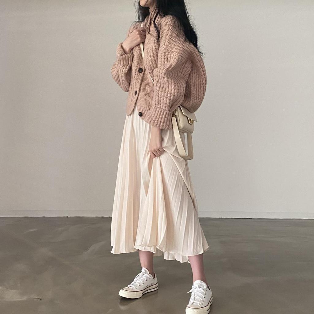 Herbstlicher Chic V-Ausschnitt Puffärmel Zopfmuster-Cardigan für Damen