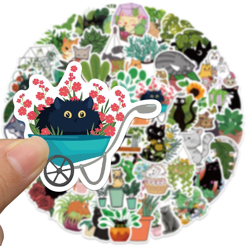 50 Cartoon Cat and Plant Stickers Decorate Suitcase Notebook Waterproof Hot Stamps Without Repeating Stickers