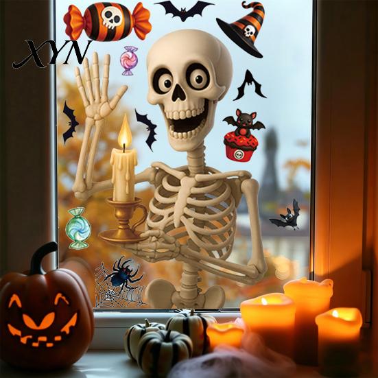 Spooky Home Decor for Halloween Static Window Clings, Removable Glass Decals with Pumpkin Skull Bat Spider Large Area Holiday And Ghost Patterns,