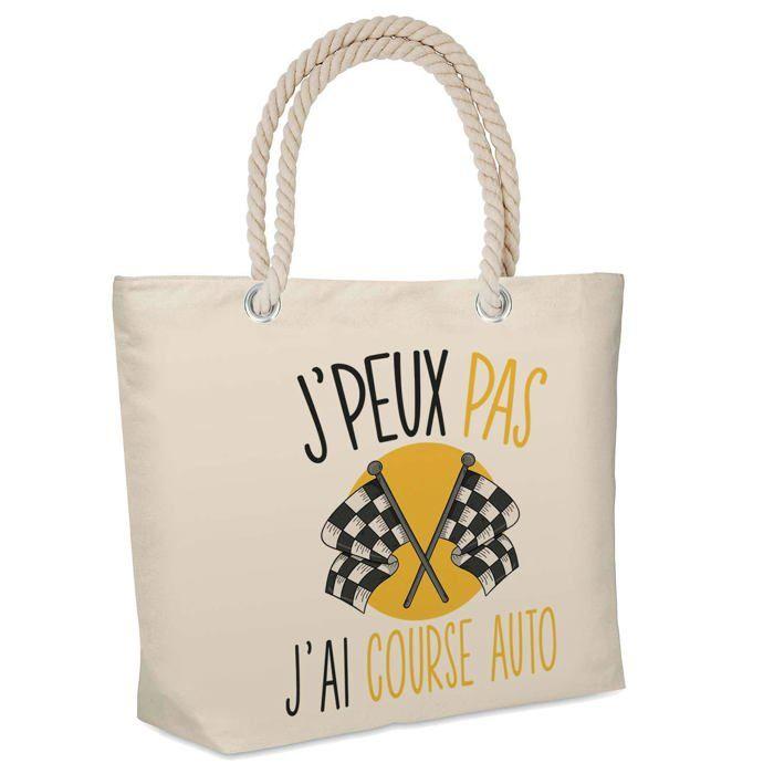 Sac de plage - PLANETEE - Course Automobile Voiture J'peux pas - Coton - Beige - Grande contenance