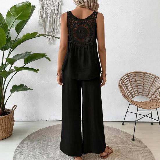 Women Summer 2 Piece Outfits Back Tank Top Sleeveless Hollow And Wide Leg Pants Set Boho