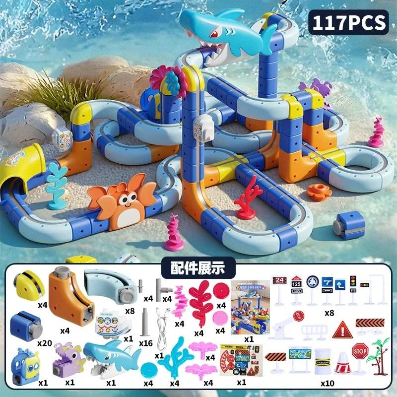 Neue Ozean-Serie Kinder Elektrische Magnetische Schwebebahn Schienen Würfel Bausteine 3D Junge DIY Magnetische Montage Spielzeug Auto