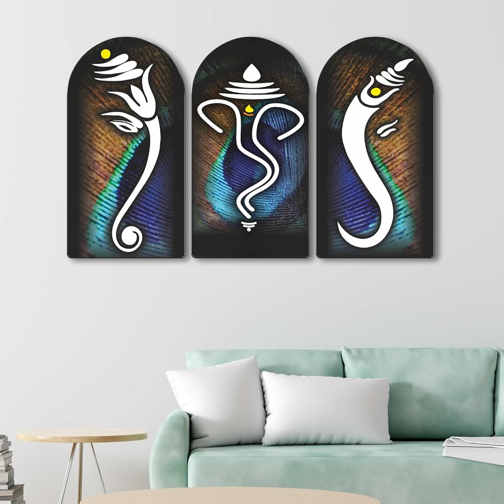 Abstract Ganesha Wall Art 3 Panel Set, Modern Lord Ganesh Painting, Multi